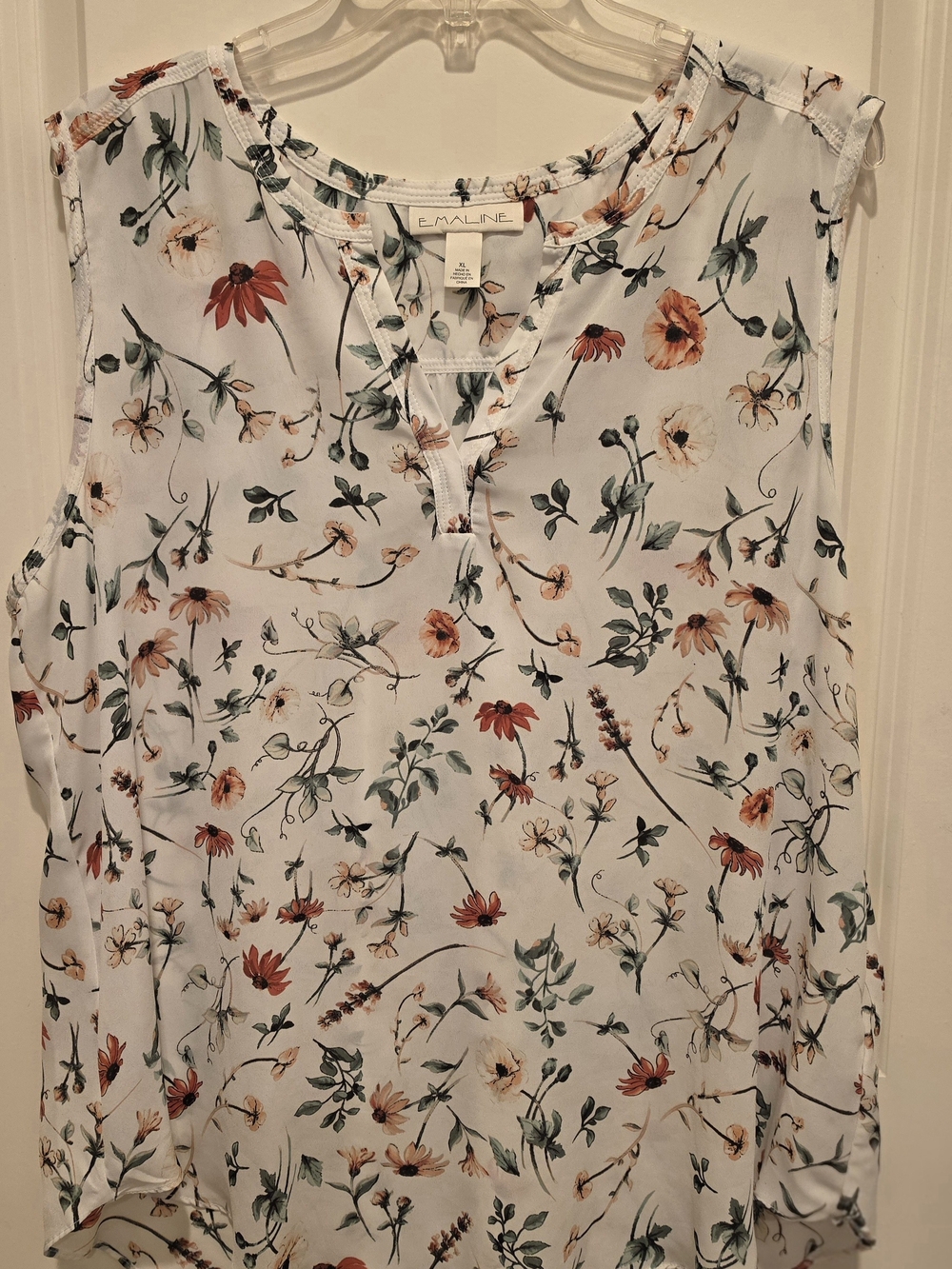 Emaline Floral Sleeveless V-Neck Top White with Orange & Green Floral Print